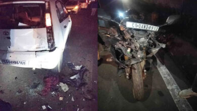 The bike rammed into a car parked on the side of the road, flying into pieces