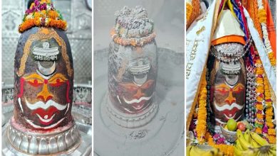 Mahakaal decorated with puja material in Bhasma Aarti with Chandra and Tripund